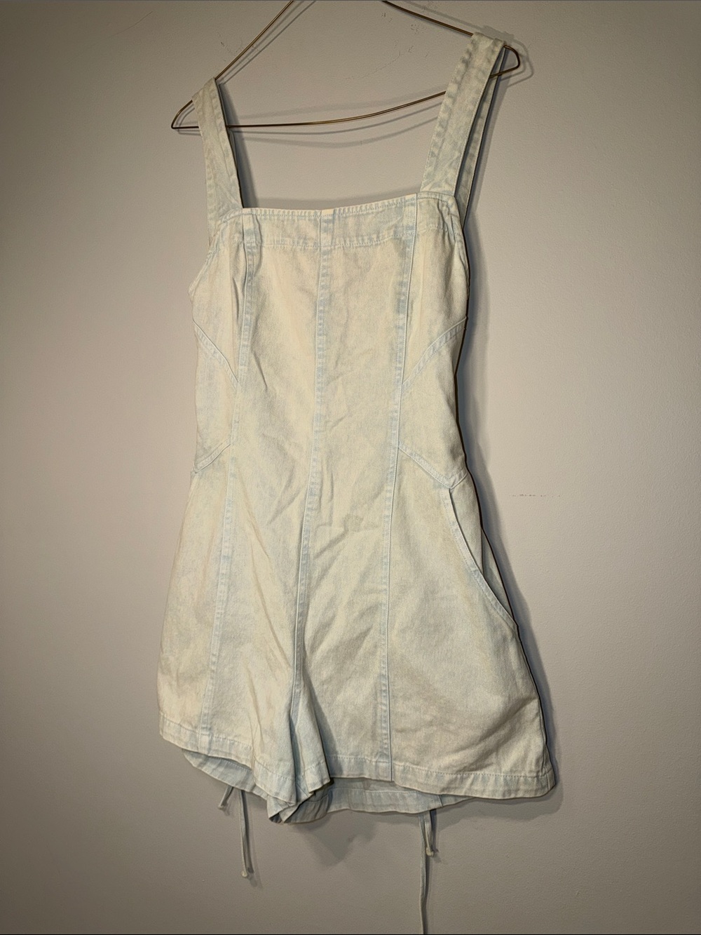 C’Isa Light Blue Washed Denim Romper with Wide Straps and Tie Back. Size L.
